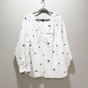 Talbots White Split Neck Floral Embroidered Blouse Cotton Sz 2X